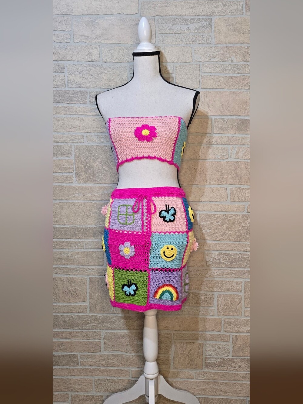 Fashion Nova M Crochet Patchwork Skirt Crop Top Set Y2K Festival Boho